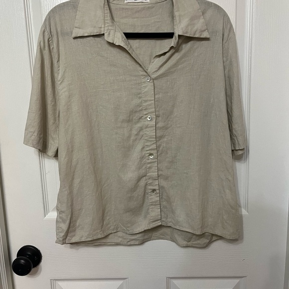 MANGO Cotton linen blend shirt short sleeve button down size large in color sand - Picture 3 of 8